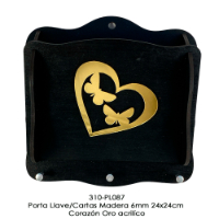 Porta Llave/Cartas Madera 6mm 24x24cm - Corazon Oro acrilico